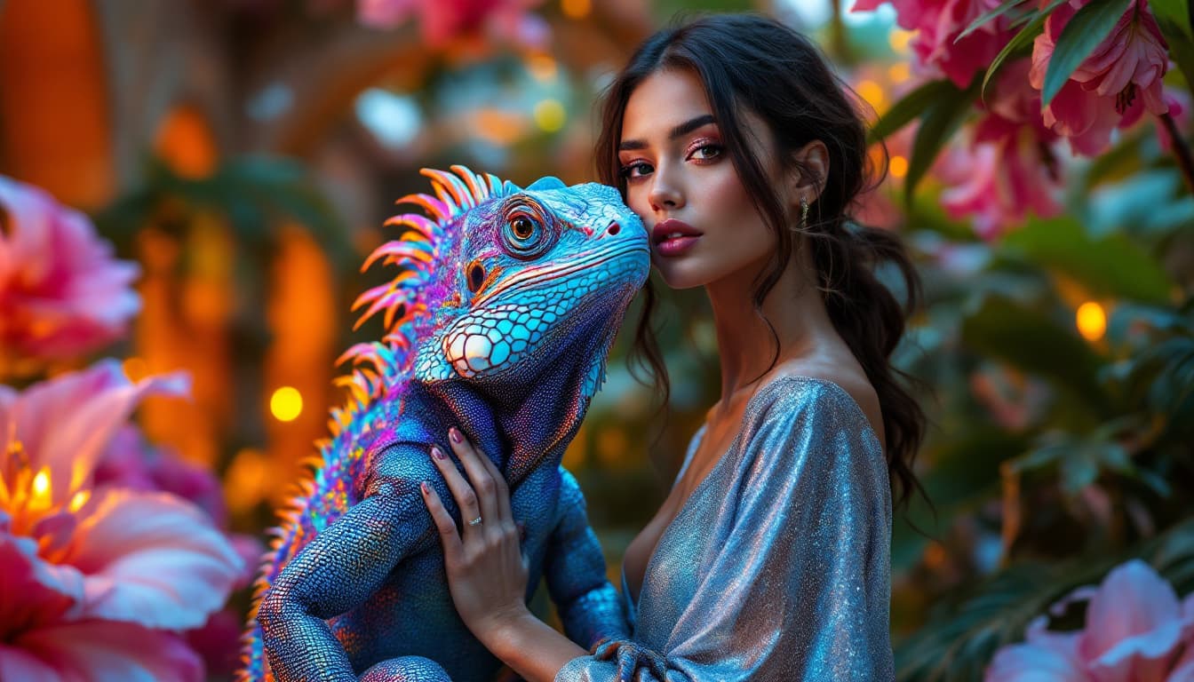 AI generated: a closeup photo of a gorgeous model wearing a shimmering metallic blouse with a huge iridescent rain...