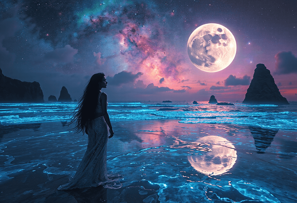 AI generated: A breathtakingly beautiful woman with flowing hair and piercing eyes stands on an alien beach, gazin...
