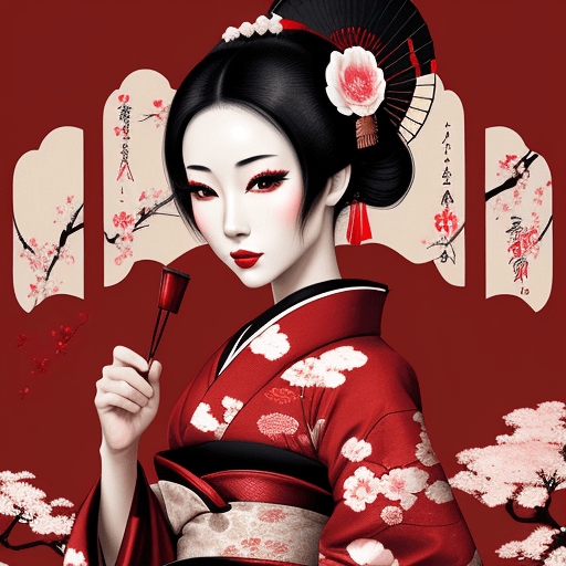 AI generated: Geisha , beautifull woman , japanese Castel , bloosom cherry , colorful , artistic design