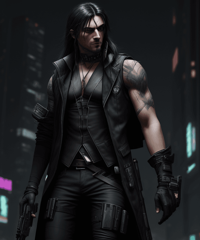 AI generated: Cyberpunk, robin hood, revolver, stylish,  dark clothes, black long hair, male, kapiszon, high resol...