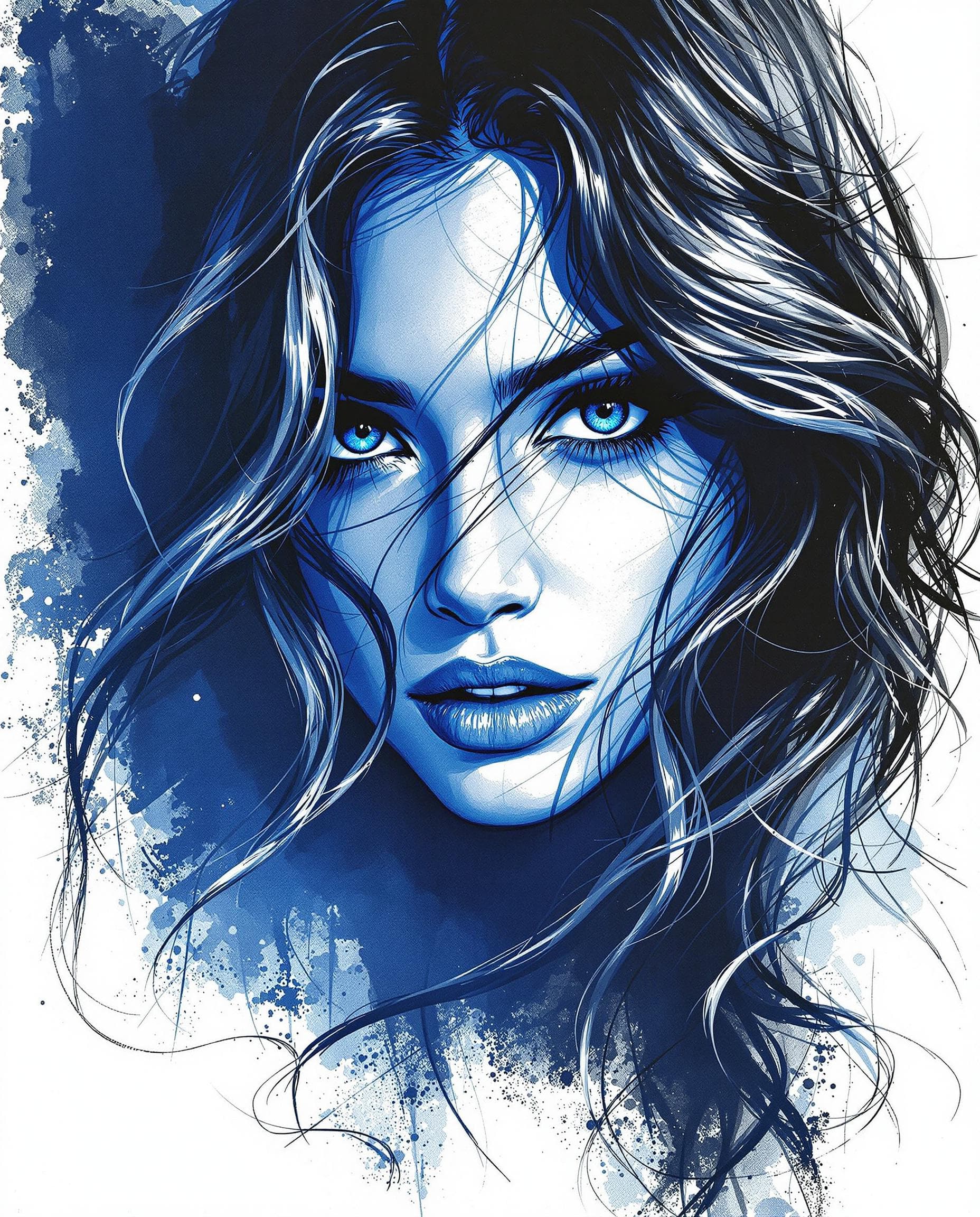 AI generated: Monochromatic

Hyper-detailed pencil and ink sketch of a woman, intense gaze, piercing blue eyes, mo...