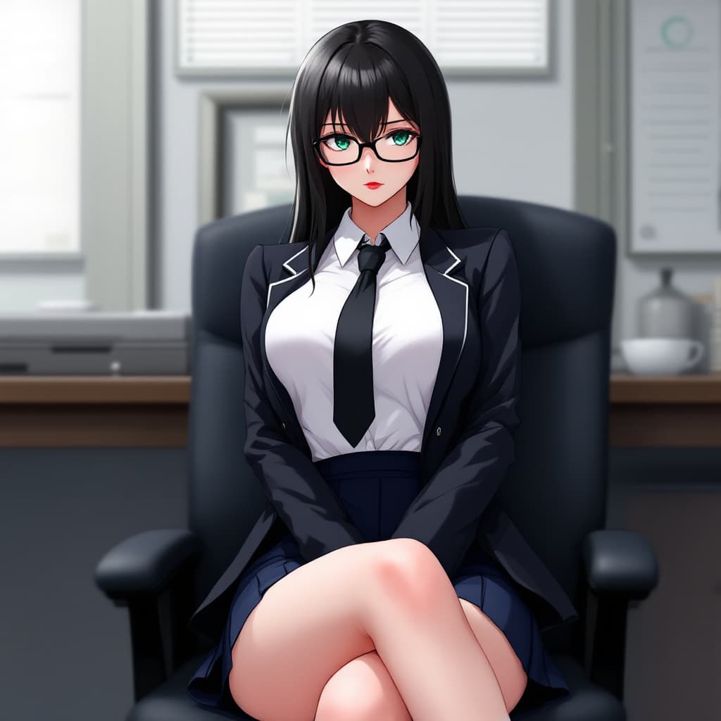 AI generated: anime, woman, black hair, long hair, green eyes, wearing black glasses, red lips, white shirt, black...