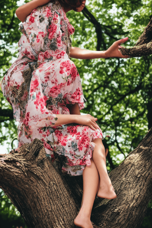 AI generated: photograph of a woman sitting on a tree branch in a park, her hand on her head, wearing floral print...