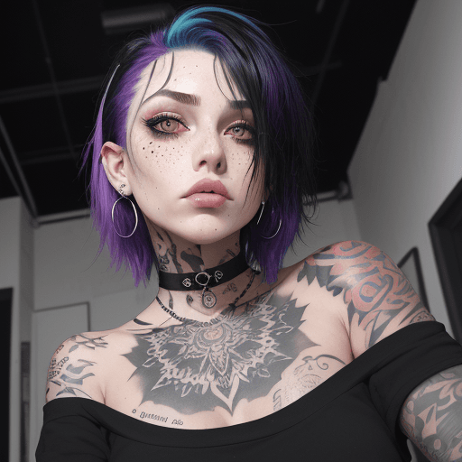 AI generated: from below, alternative, emo, piercings, tattoos, (looking at the viewer:1. 6), open eyes, ((tattooe...