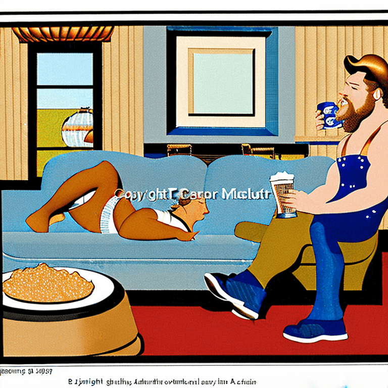 AI generated: a muscular country redneck with a beer belly and a mullet sitting on a lazy boy watching tv in his t...