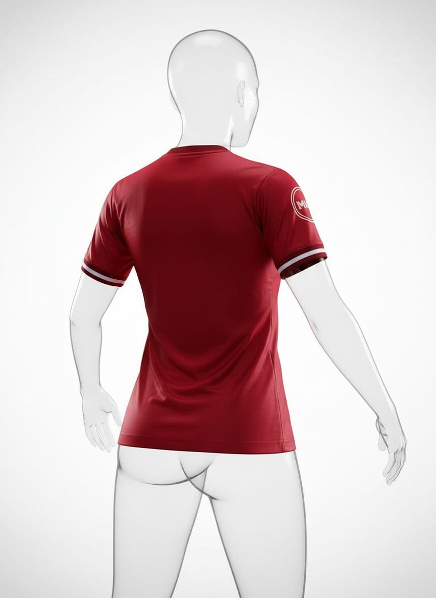AI generated: A female body type realistic 3D mock-up of a red soccer jersey in a rear-view power pose, focusing o...