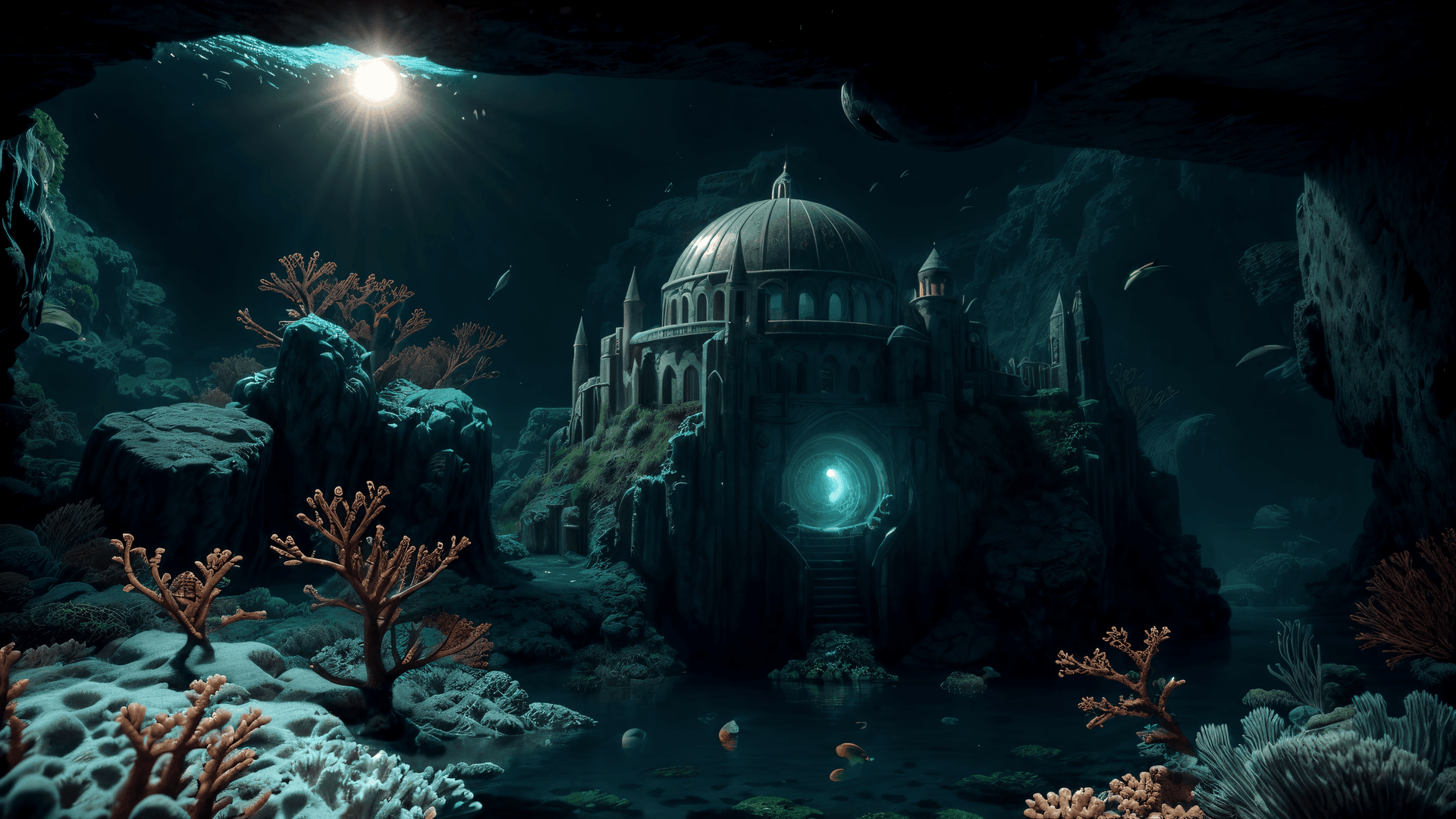 AI generated: breathtaking, Masterpiece, Best Quality Epic cinematic Shot, (underwater Domed City:1.1), Dark, Atla...