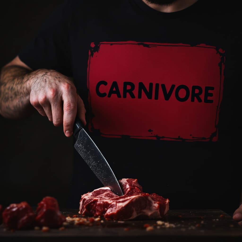 AI generated: darker image of person in black t-shirt with sign Carnivore in red cutting big chunk of meat. show m...