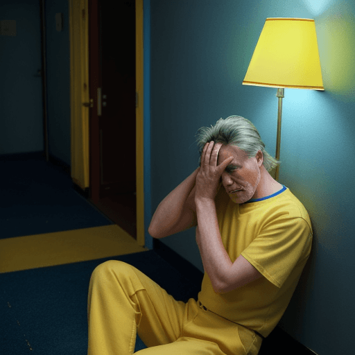 AI generated: A man sitting on the floor of a US roadside motel. The man is desperate with his hands on his head. ...