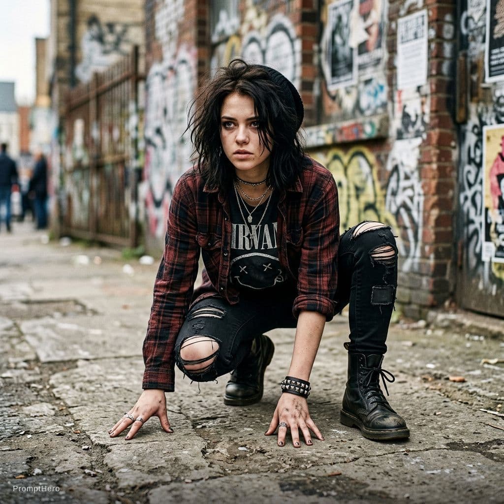 AI generated: photorealistic,ultra highly intricate detailed,professional photo,grunge girl,(full-body),(Crouching...