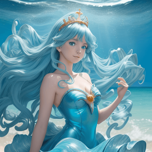 AI generated: A playful anime dancer from the sparkling ocean with a seashell crown and a dolphin hairpin at noon ...