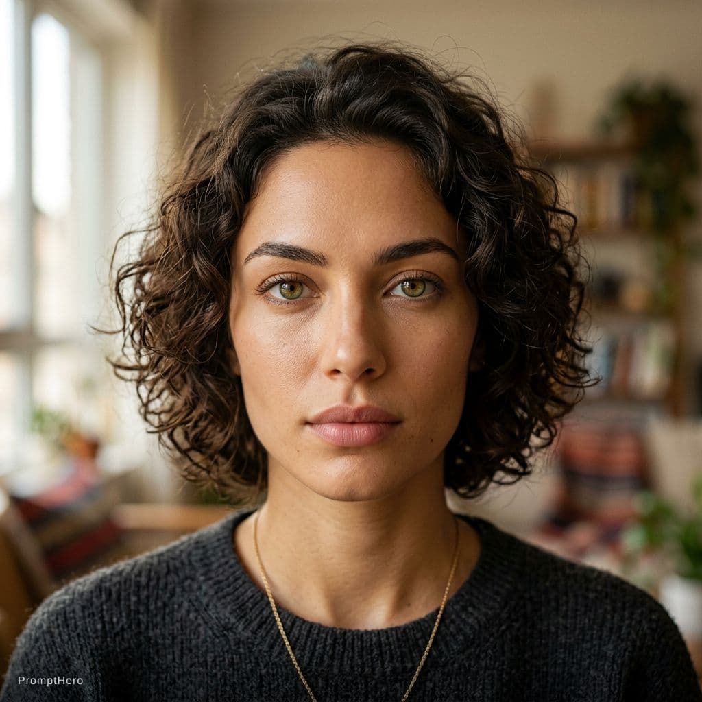 AI generated: Ultra-realistic portrait of a woman with striking hazel-green eyes, intense and symmetrical gaze. We...