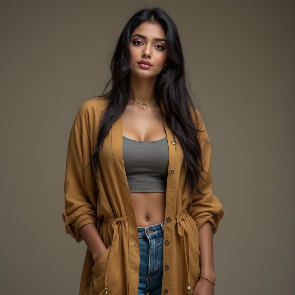 AI generated: photo of A stunning 25-year-old Indian woman standing tall at 5 feet 2 inches,