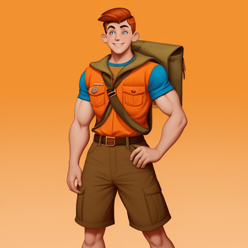 AI generated: a muscular boy scout, disney cartoony, orange gradient background, 