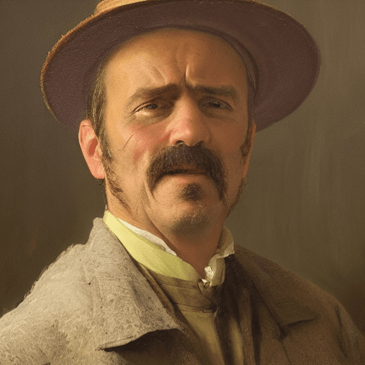AI generated: professional portrait of XIX century worker, male, tired look, XIX century, heavy brushstrokes, text...