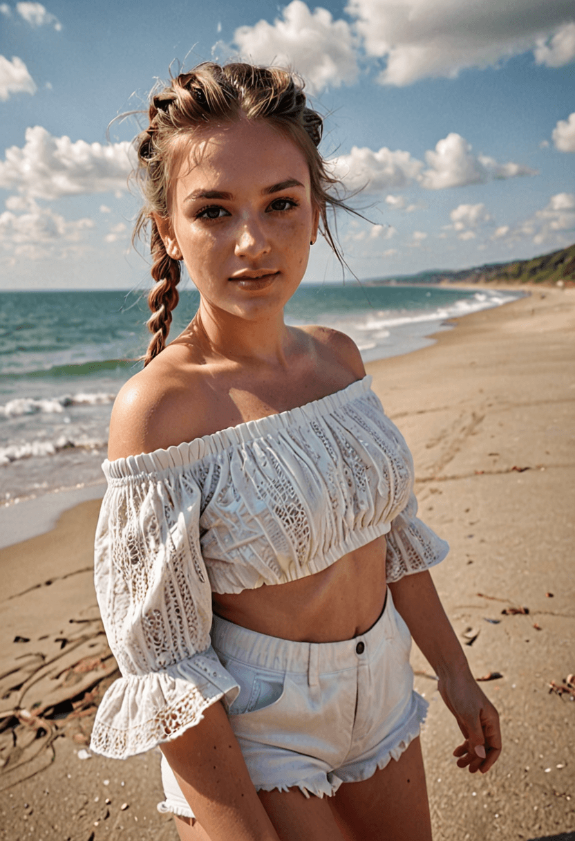 AI generated: photograph of a 28 year old busty woman with plait hair, dressed in white off-shoulder crop top, whi...