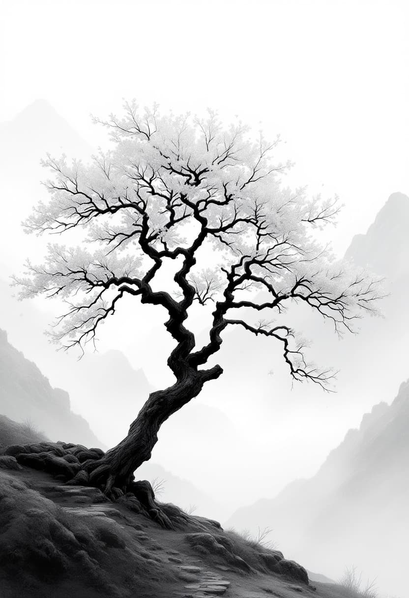AI generated: cinematic grayscale. Traditional Japanese tree in a foggy mountain valley, soft contrast, muted tone...