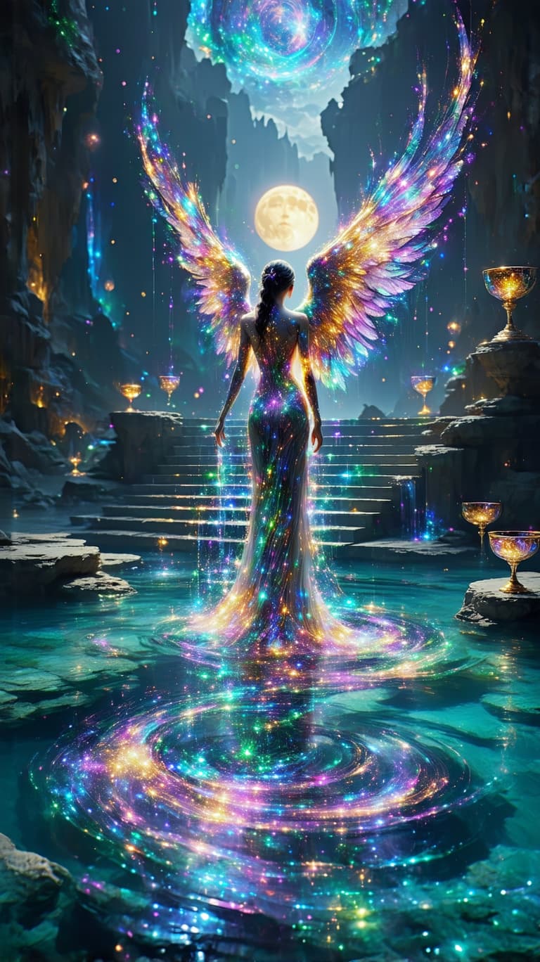 AI generated: A radiant angelic figure stands atop a pool of mirrored liquid light, pouring streams of golden and ...