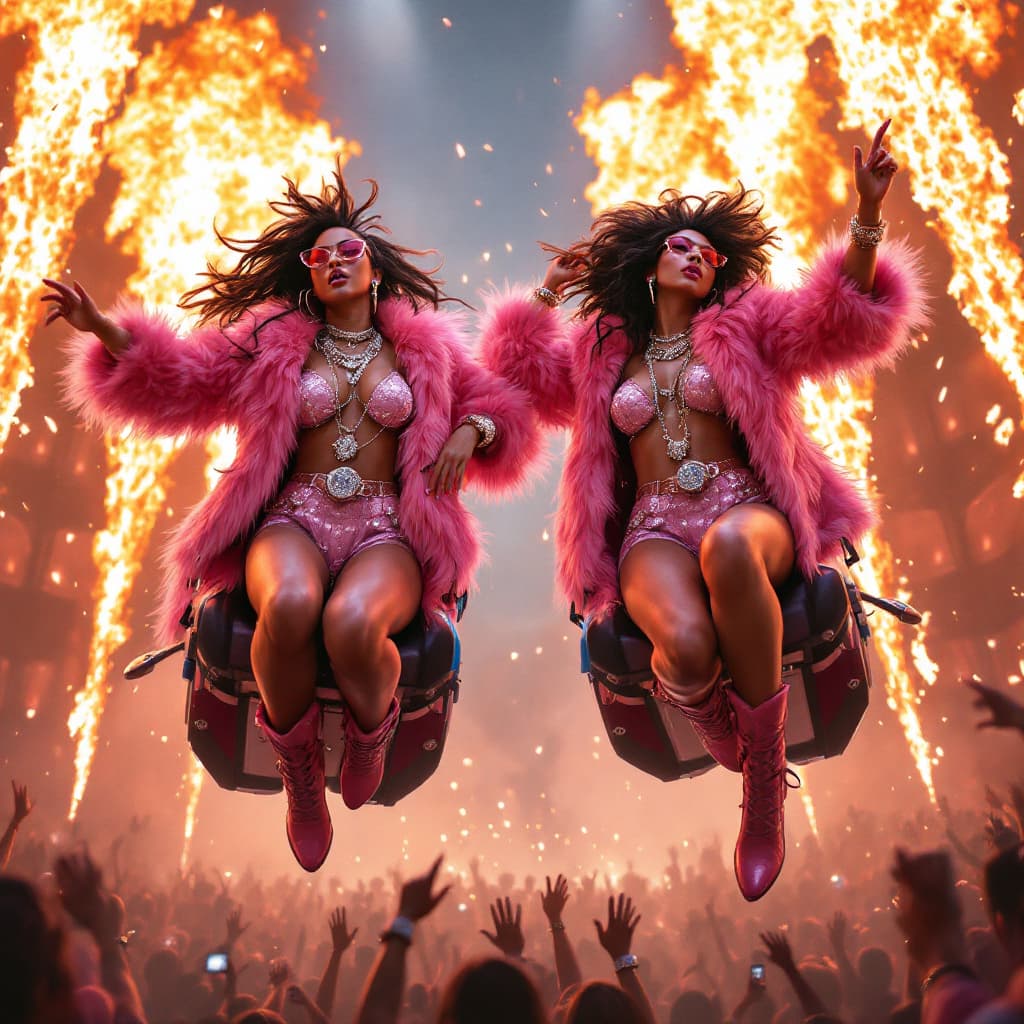 AI generated:  twin sisters on stage, dressed like rappers, flying on jetpacks, wearing pink fur coats, wearing di...