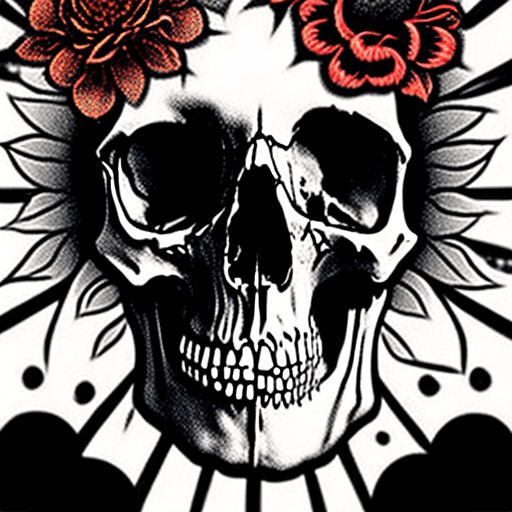 AI generated: A skull with tousands flowers in eyes, looking the sun in the black sky