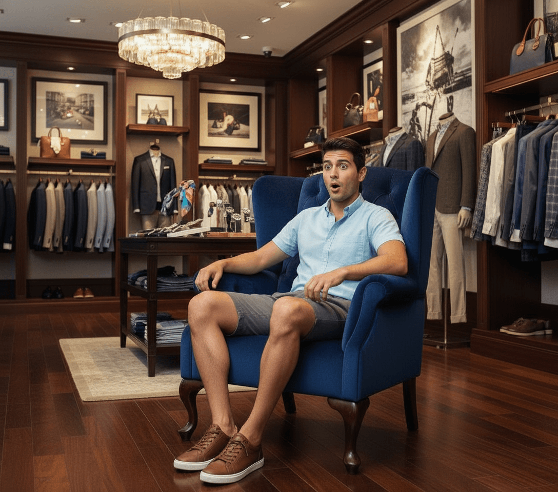 AI generated: At a very luxurious men's clothing store. The Hispanic male is slender, he is 5 feet tall, he is wea...