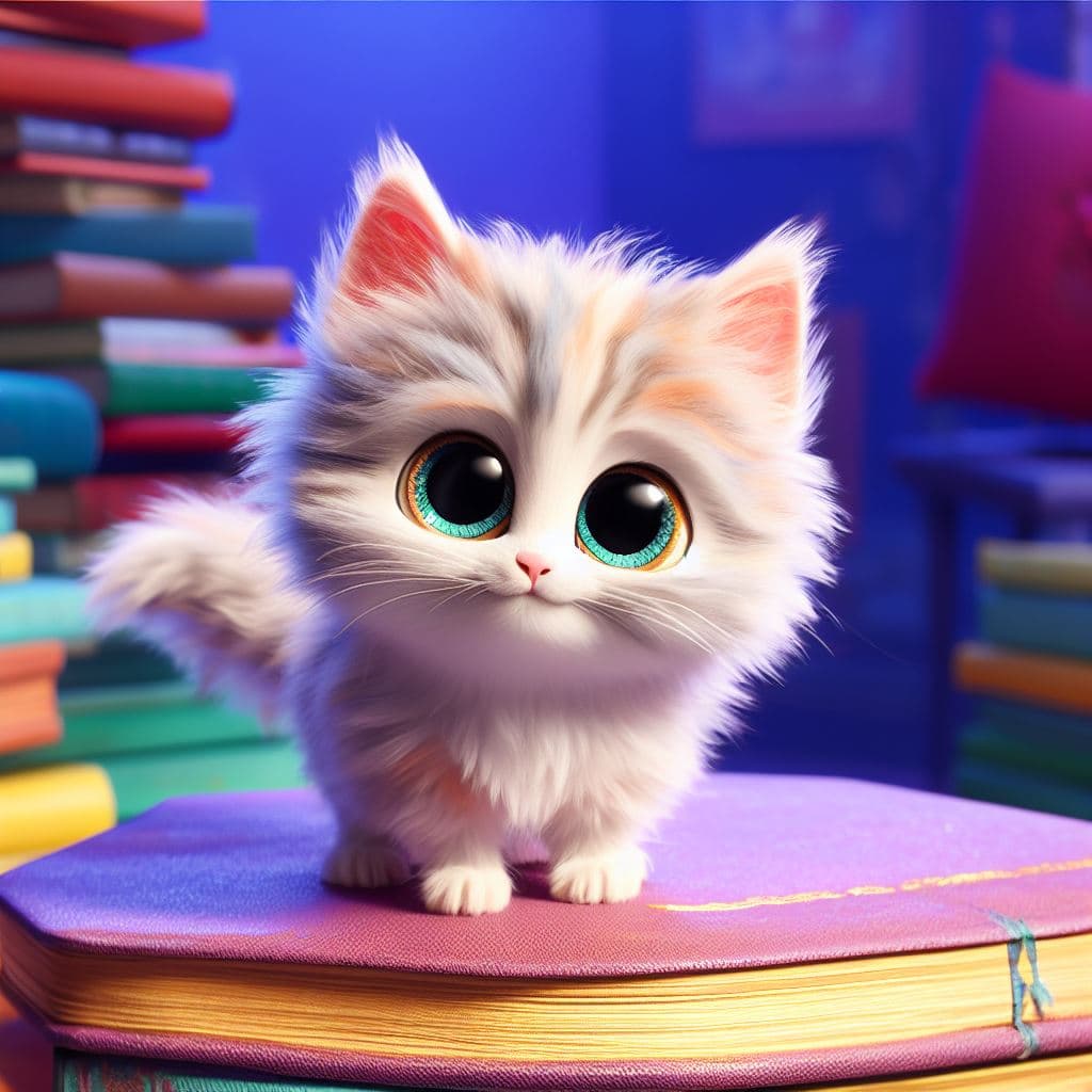 AI generated: In the spirit of Pixar, picture a cute, wide-eyed kitten with fluffy, pastel-colored fur. It's stand...