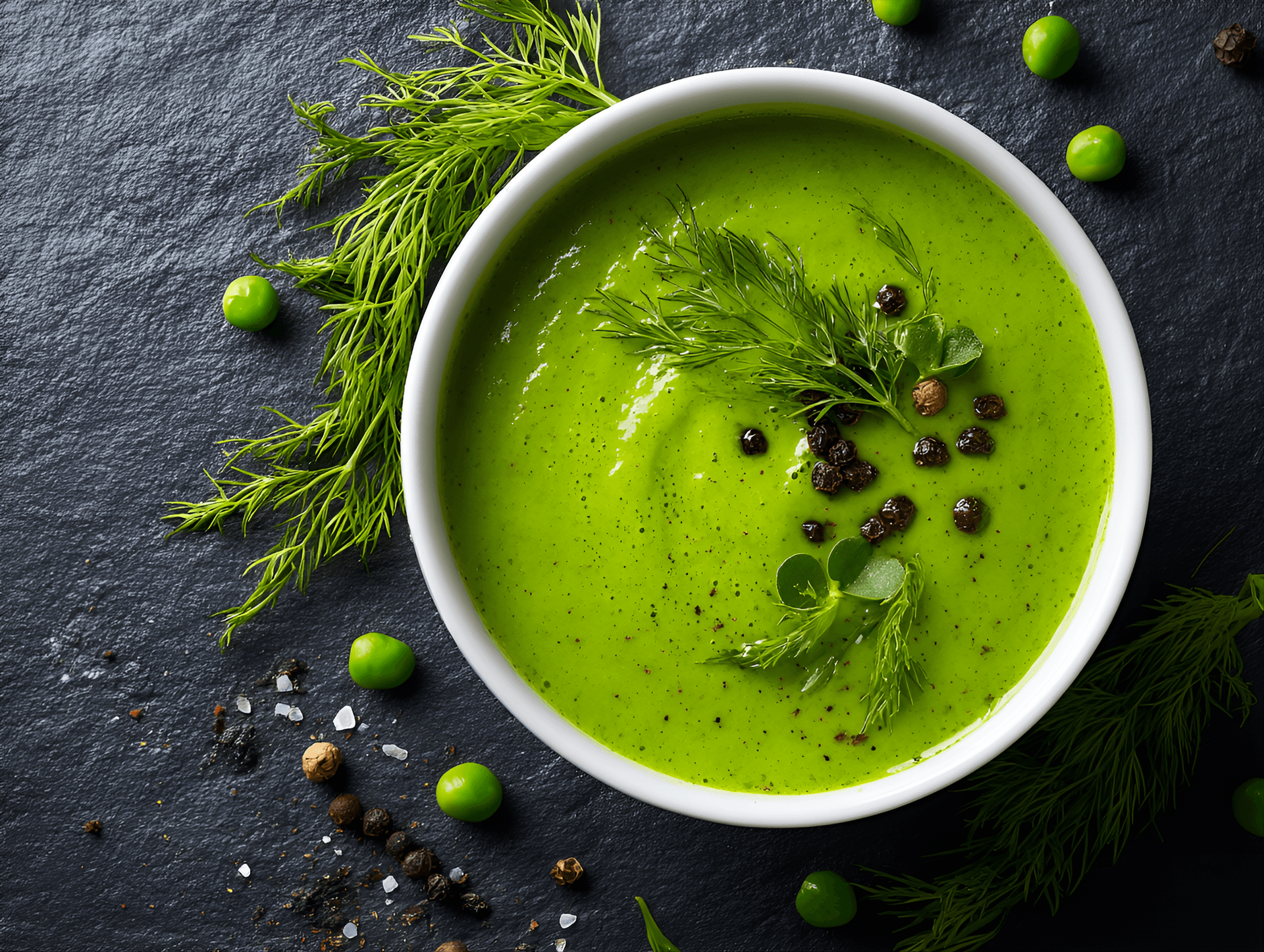 AI generated:  vibrant green soup,  smooth and creamy, garnished with fresh dill sprigs and small, bright green he...