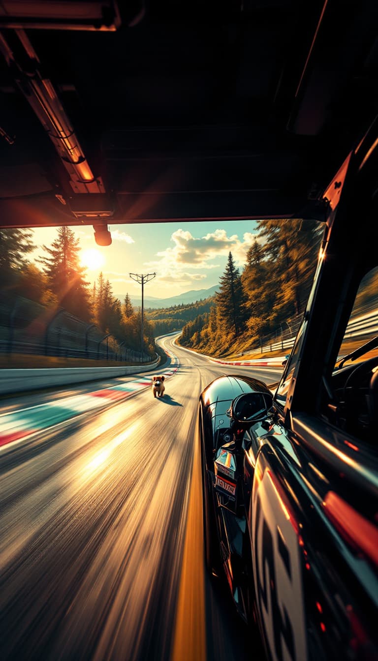 AI generated: Summer. The first racing car racing on the track.  From the car window, far around the bend, you can...