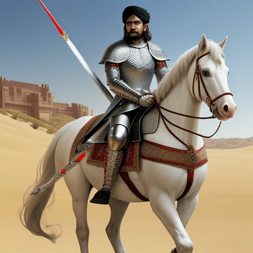 AI generated: Portrait image of a Mughal nobleman, clad in chainmail armor and mounted atop a white horse, armed w...