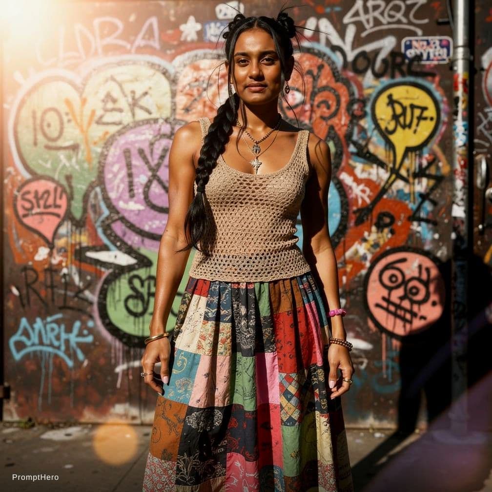 AI generated: A tall, angular woman with long black hair styled in messy fishtail braids leans against a graffiti-...