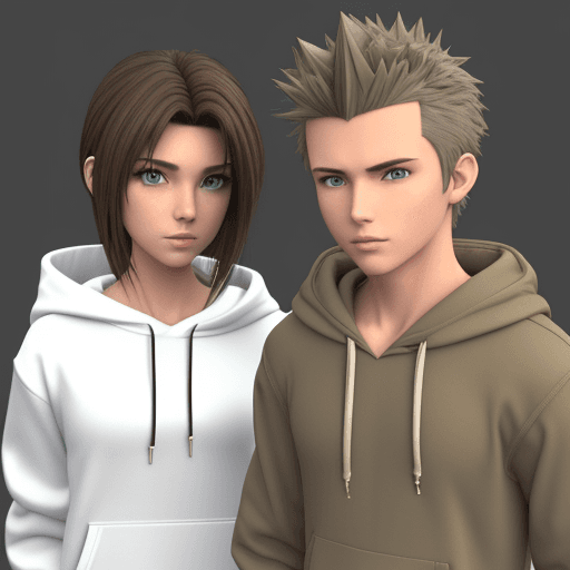 AI generated: 3d model anime a man with spiky model brown hair and green eyes and a girl with dark brown hair and ...
