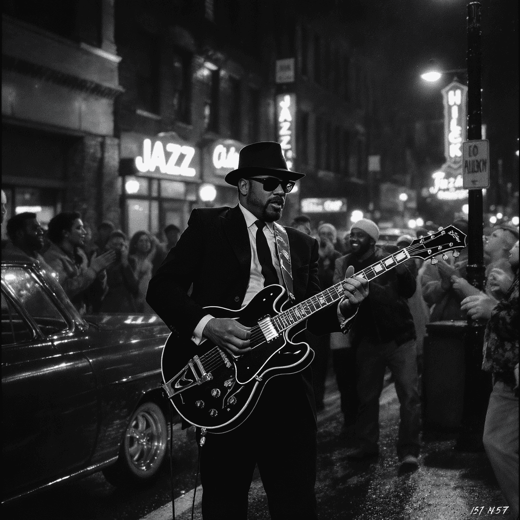 AI generated: “Black and white Film Noir scene of a charismatic street musician on a Chicago street corner, passio...