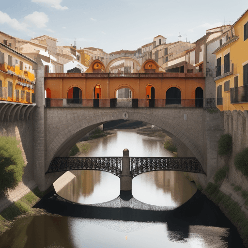 AI generated: A bridge in Spain, Caceres, Losar de la vera, in the style of bold colorful lines, dark beige and or...