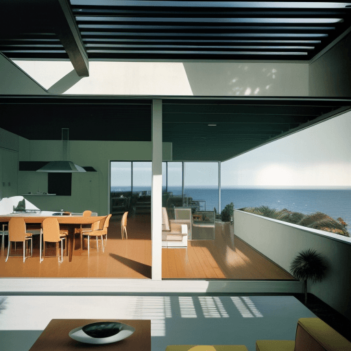 AI generated: Hyper realistic eye level exterior photo of a mid century modern style house overlooking the ocean, ...