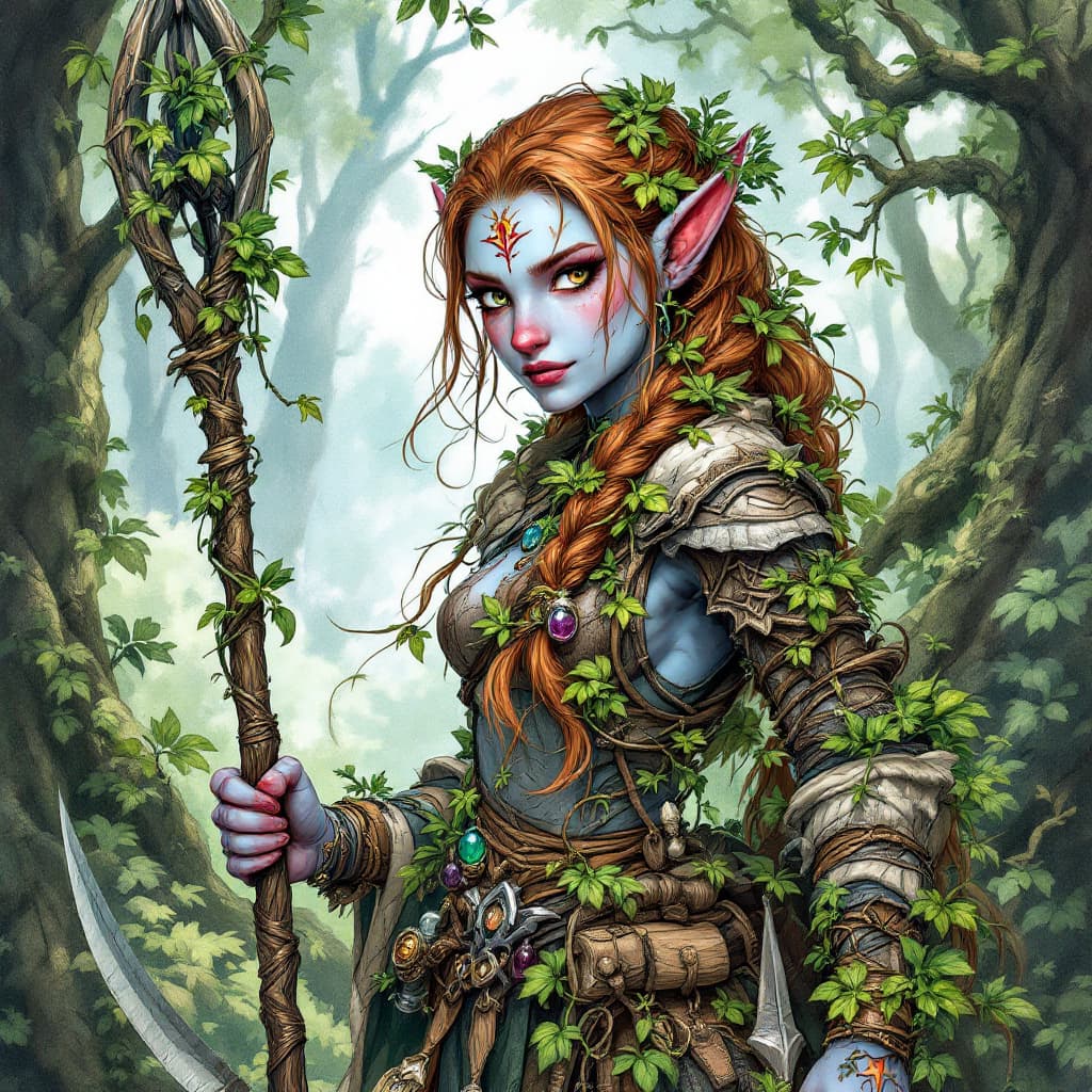 AI generated: dnd female firbolg forest druid level 1, from the feywild, brown hair, light blue freckled skin tone...
