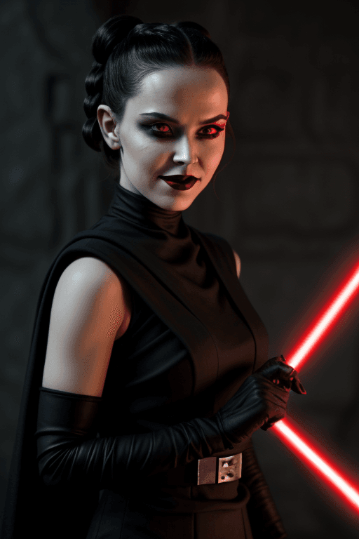 AI generated: rey skywalker as sith lady in black sith uniform, dark red lips, yellow eyes, evil smile