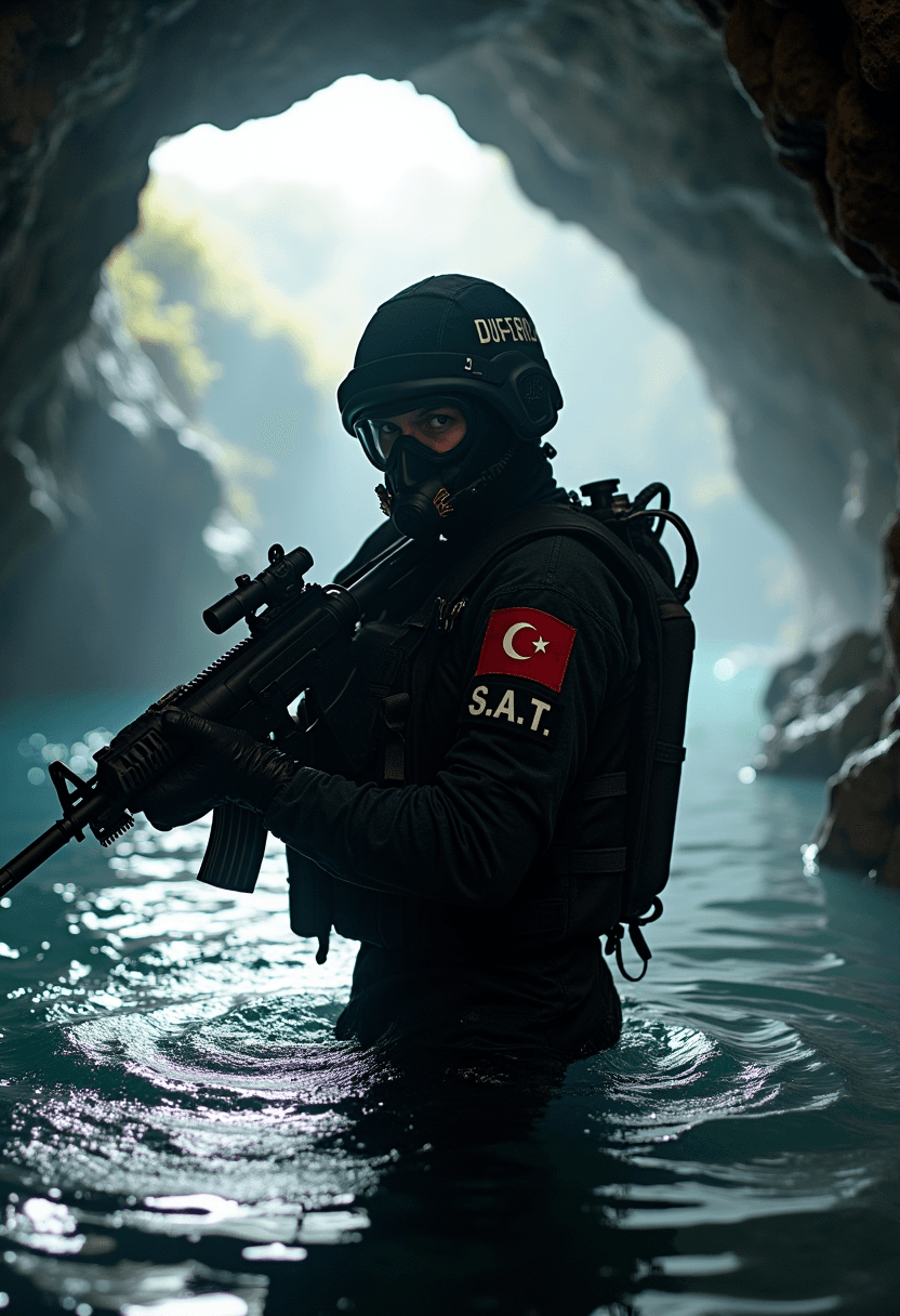AI generated: A hot spring inside a dimly lit cave, lots of steam rising from the water, a Turkish underwater assa...