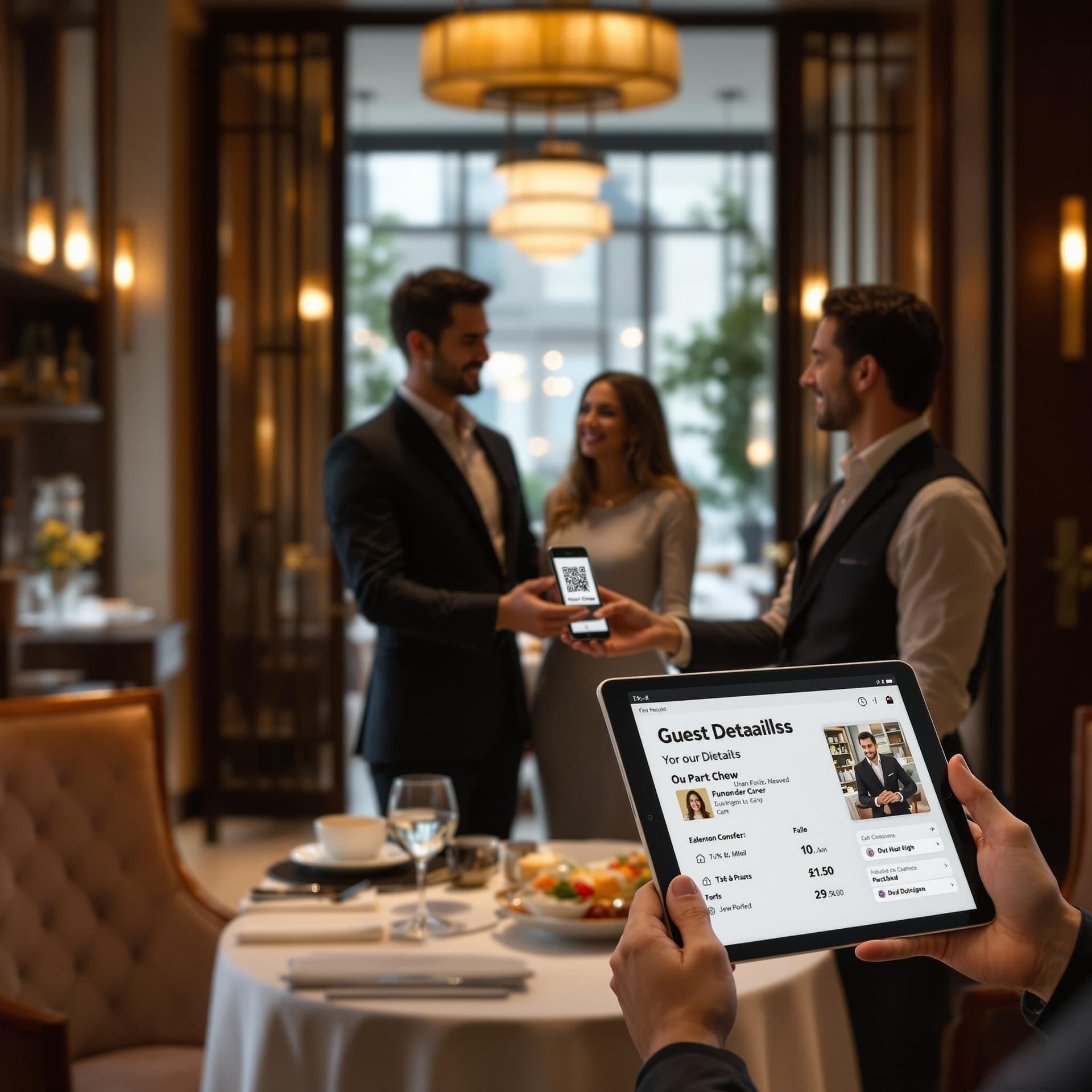AI generated: create an image of an Upscale Hotel Settings: High-end hotel restaurant entrance at which a couple i...