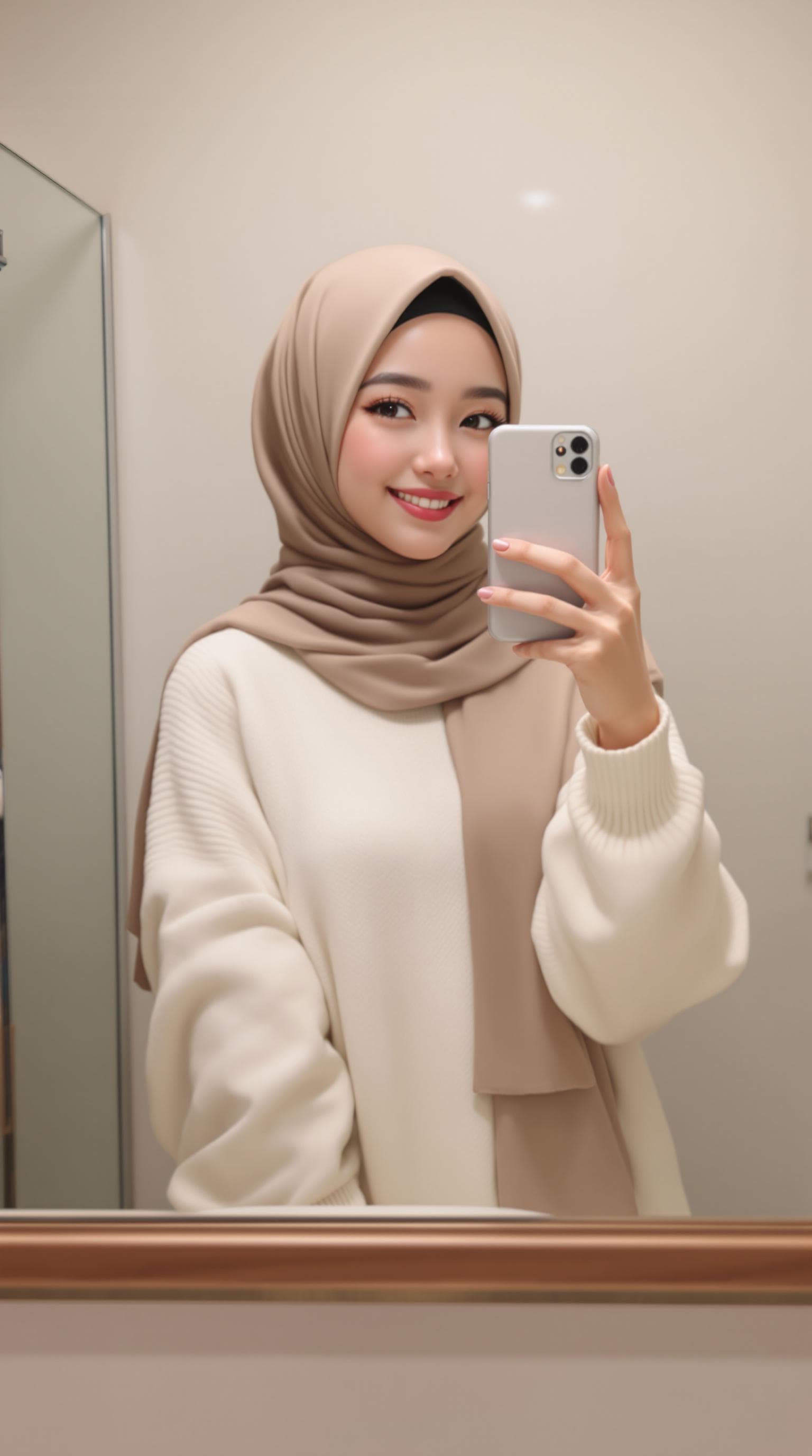 AI generated: anime realistic, 1girl, wearing a hijab smiles, mirror selfie. She is wearing a white sweater and a ...