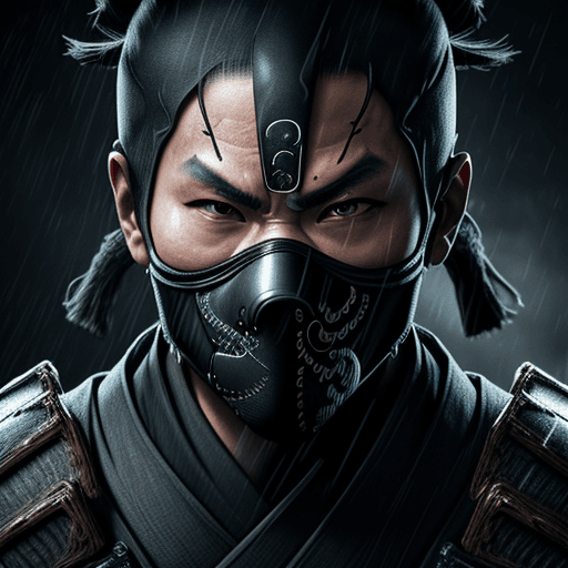 AI generated: Ninja with a detailed mask wearing Samurai Armor, Ultra Realistic, Detailed, Katana Drawn, Raining, ...