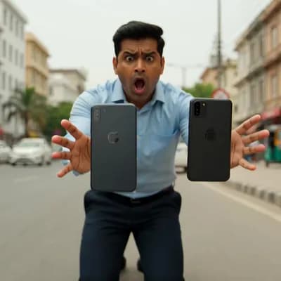 AI generated video: “A stressed office worker in Ahmedabad drops his iPhone and Android phone on the road in slow motion...
