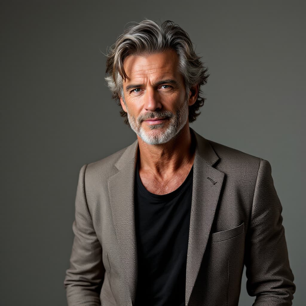 AI generated: Studio shot of a 41-year-old white American man, medium-length grey hair, sculpted jawline, fitted t...