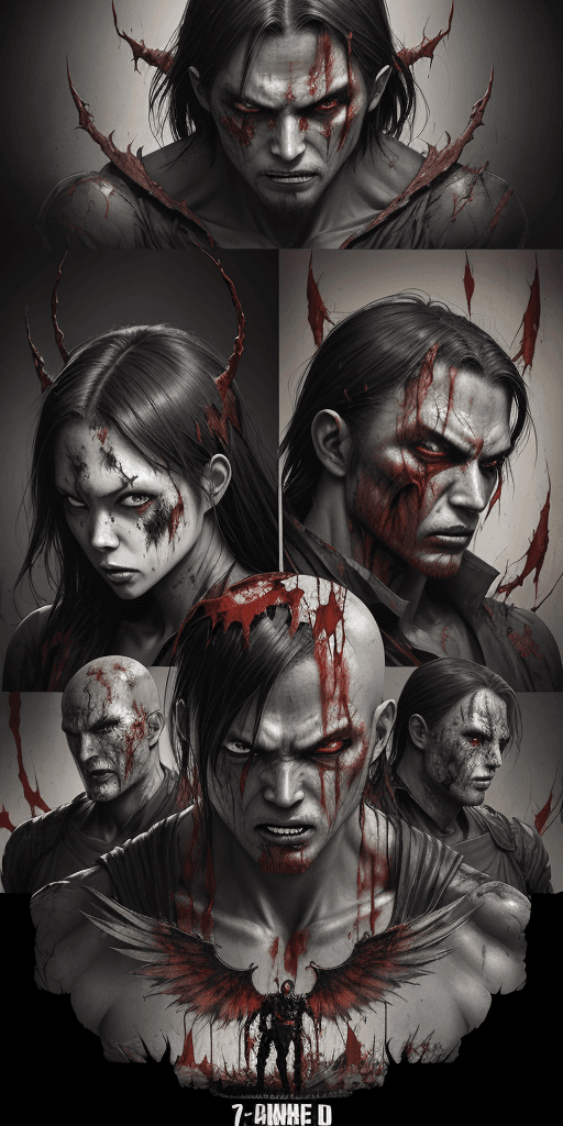 AI generated: multiple shot, 4d Overlay Japanese COMIC type. A 16k LANDSCAPE poster of a random evil vanquished su...