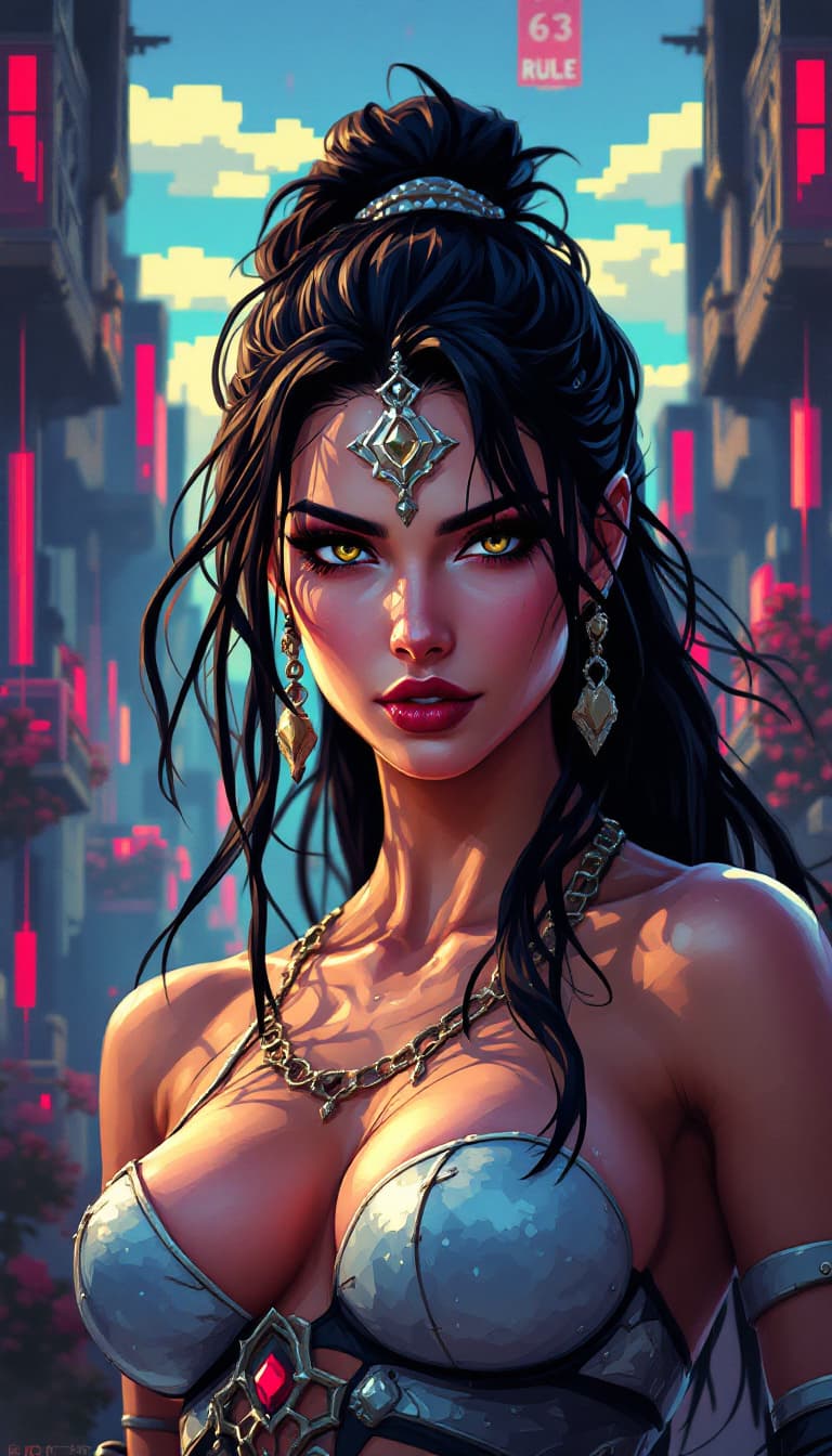 AI generated: A pixel art-style digital illustration of a Rule 63, full-body female video game character, with est...