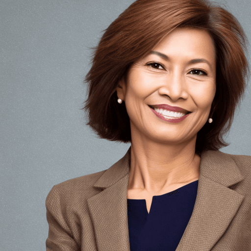 AI generated: CEO in her 50s with brown, short, cropped hair Charismatic, enterprising and active, with a gentle s...