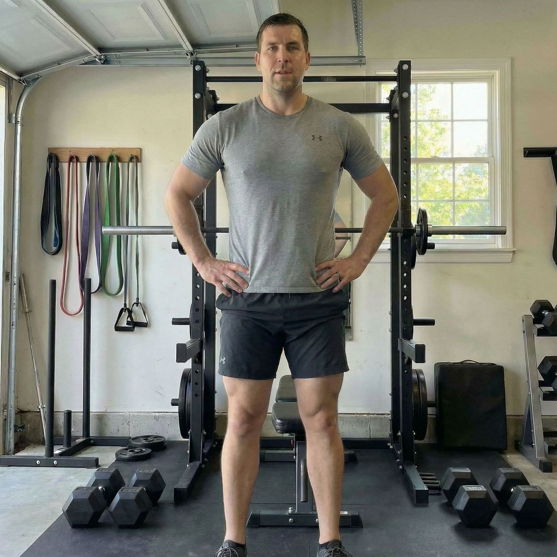 AI generated: Same man, same setup. 6-month hybrid athlete look: noticeably leaner waist, visible shoulder cap and...
