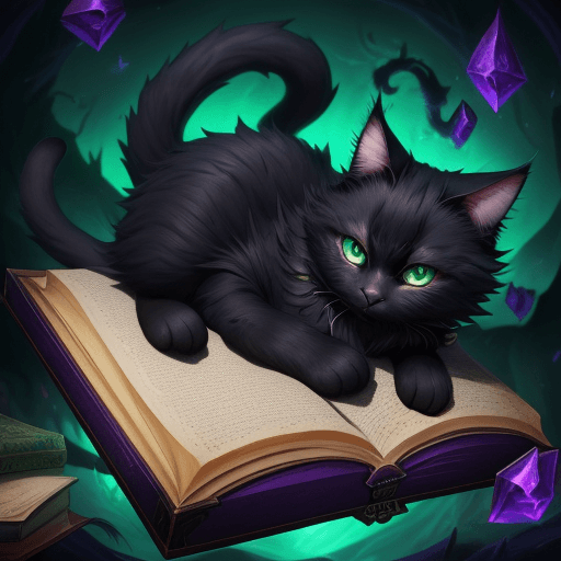 AI generated: League of Legends, Yuumi cat basking playfully on top of a large, open, floating spell book, black f...