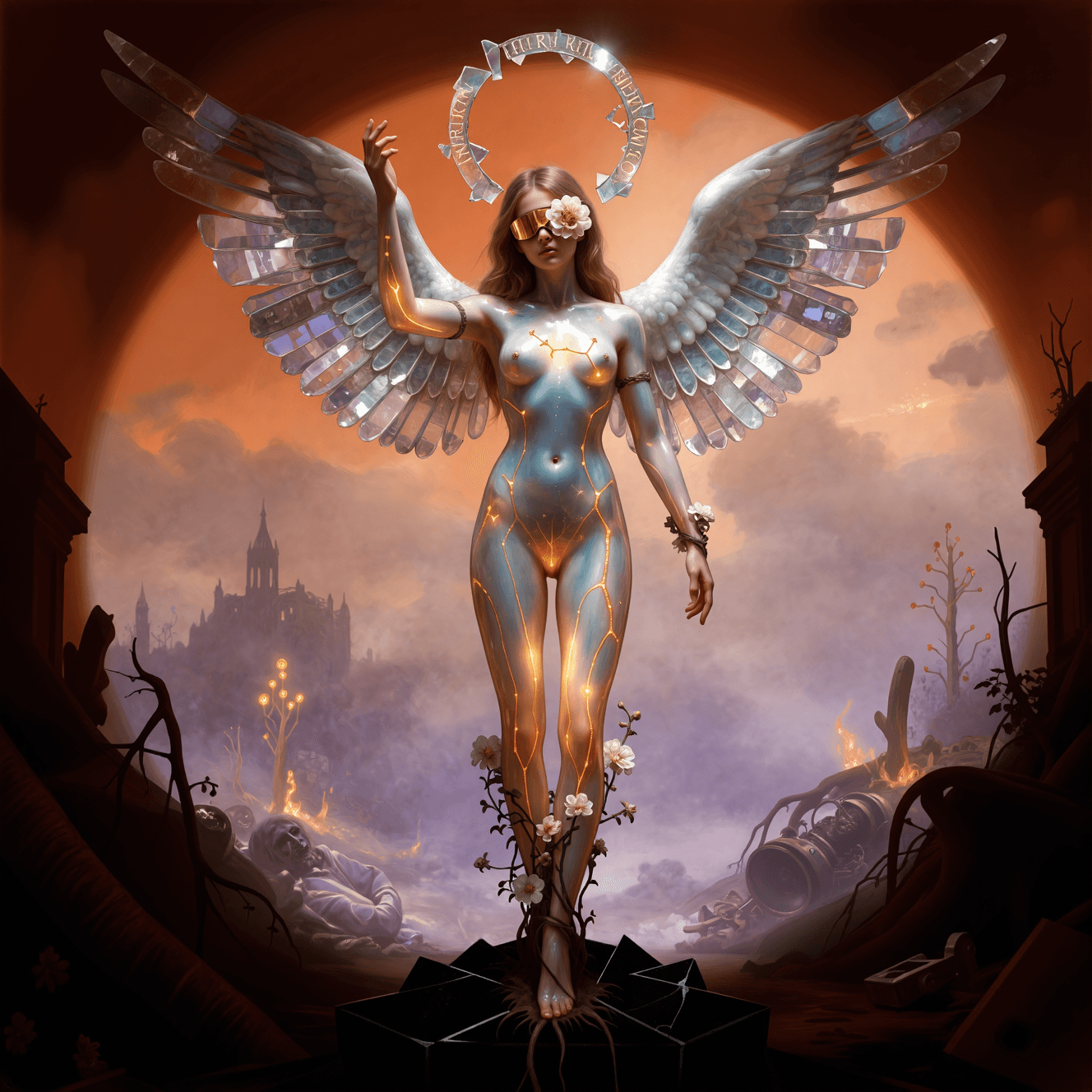 AI generated: A synthetic angel stands on a plinth of fractured black obsidian in a crumbling sanctuary at the end...
