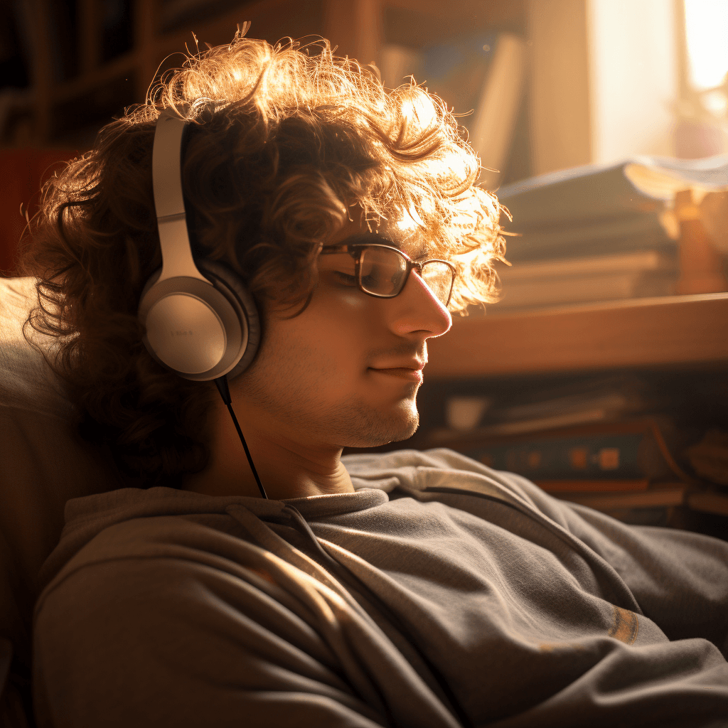 AI generated: 25 year old man with headphones, lost in a book. Curly hair. Glasses perched on his nose. Cozy bedro...