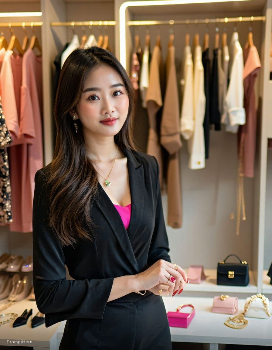 AI generated: A 35 year old Thai woman stands in front of her closet.she chooses a hot pink lingerie,hot makeup ,l...